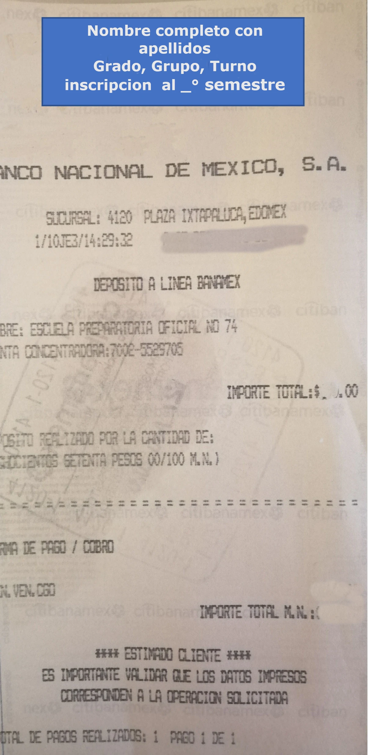 Ejemplo de llenado de recibo de pago